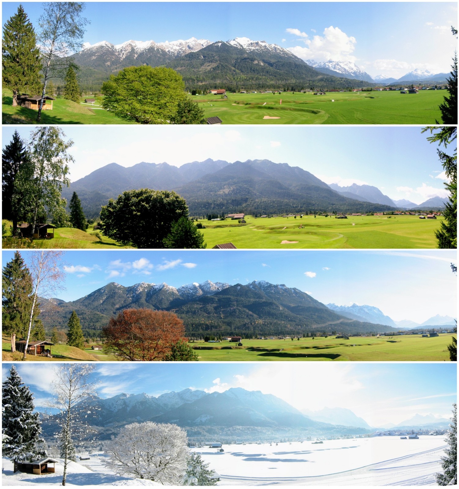 Vier Jahreszeiten. Blick auf den Golfplatz und das Karwendelgebirge bei Wallgau